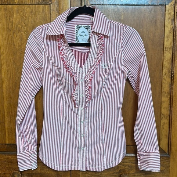 Guess Jeans Stretch Long-sleeved V-Neck Button down Shirt Red|White Stripes XS - Picture 1 of 7